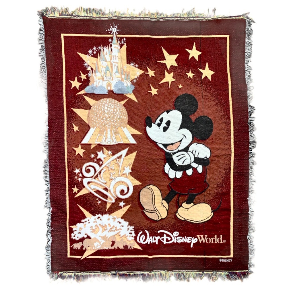 Disney Mickey Mouse Maroon & Gold Tapestry Woven Fringed Throw Blanket